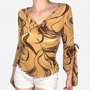Brown tan mesh boho Y2K long bell sleeve asymmetrical trippy pattern - size M